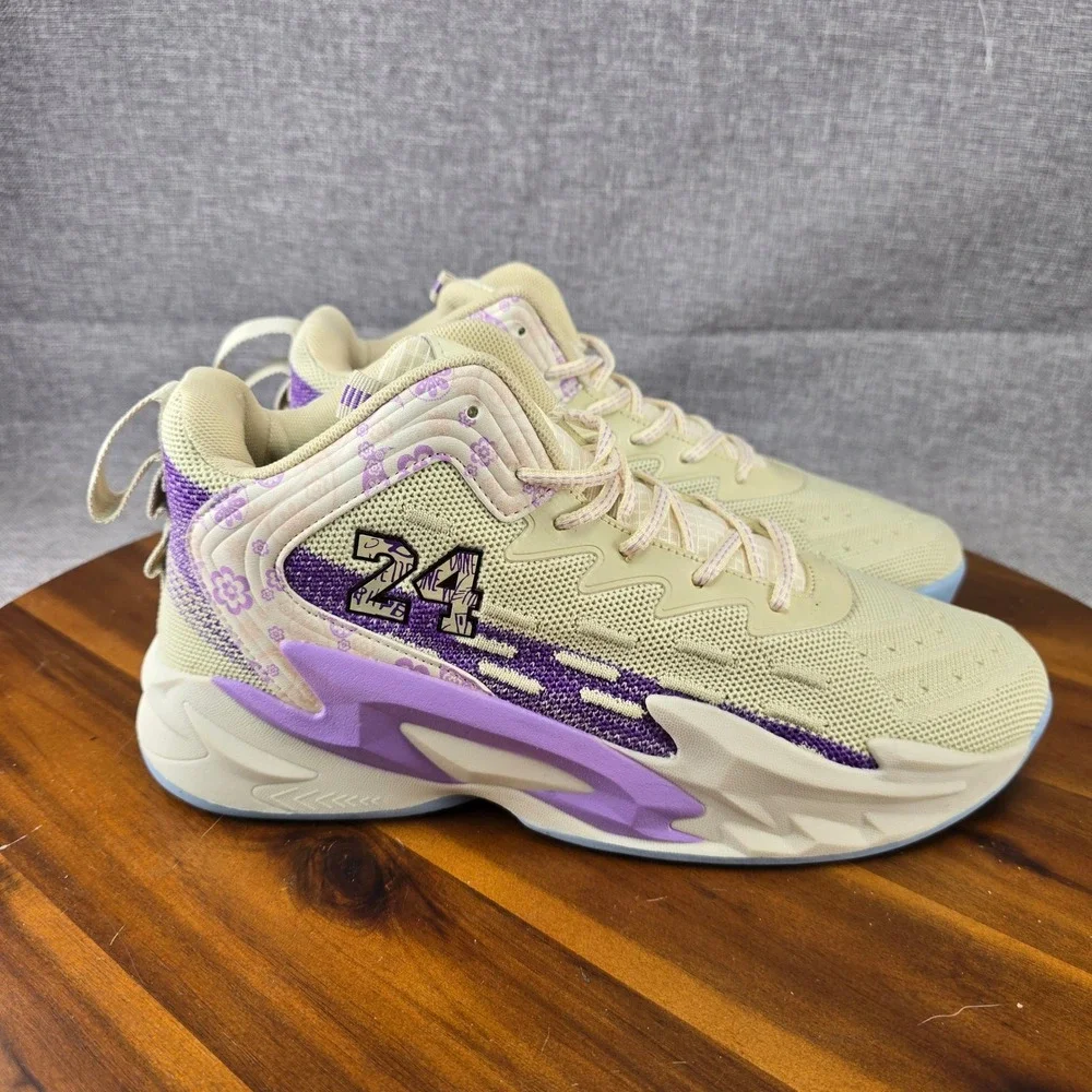 Mens Number 24 Basketball Shoes Cream Purple‎ Paisley Floral Sneakers Size 45